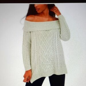 No Comment Green Off The Shoulder Slouchy Cable Knit Metallic Sweater